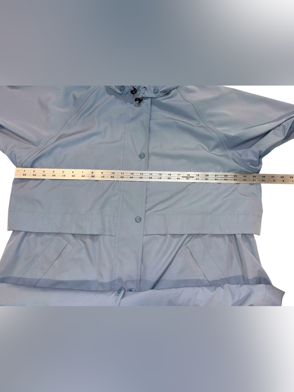 Vintage 80s L.L. Bean Full Length Raincoat Light Blue Hooded Long Trench Coat XL - Picture 13 of 16